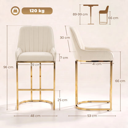 HOMCOM Bar Stools Set of 2 with Backrest, Footrest, Gold Electroplated Legs for Kitchen Island, Dining Room, Cream White
