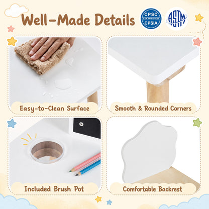 The kids table and chair set showing close up details of the surface and storage pot
