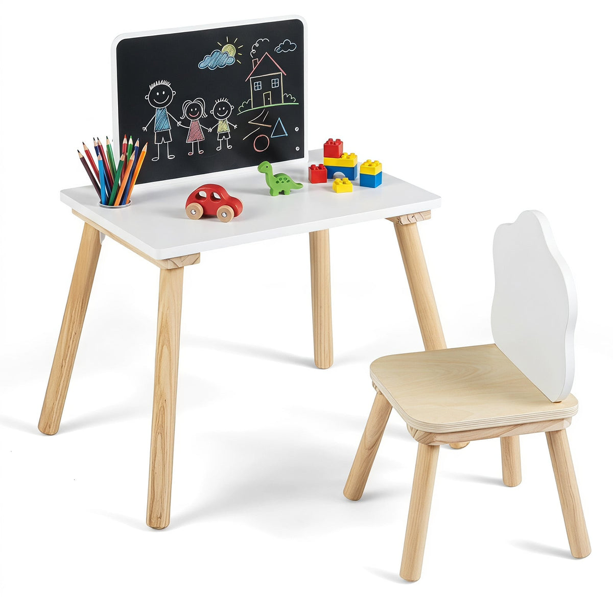 Weaning Table and Chair Set with Chalkboard featuring a white desk and cloud shaped chair