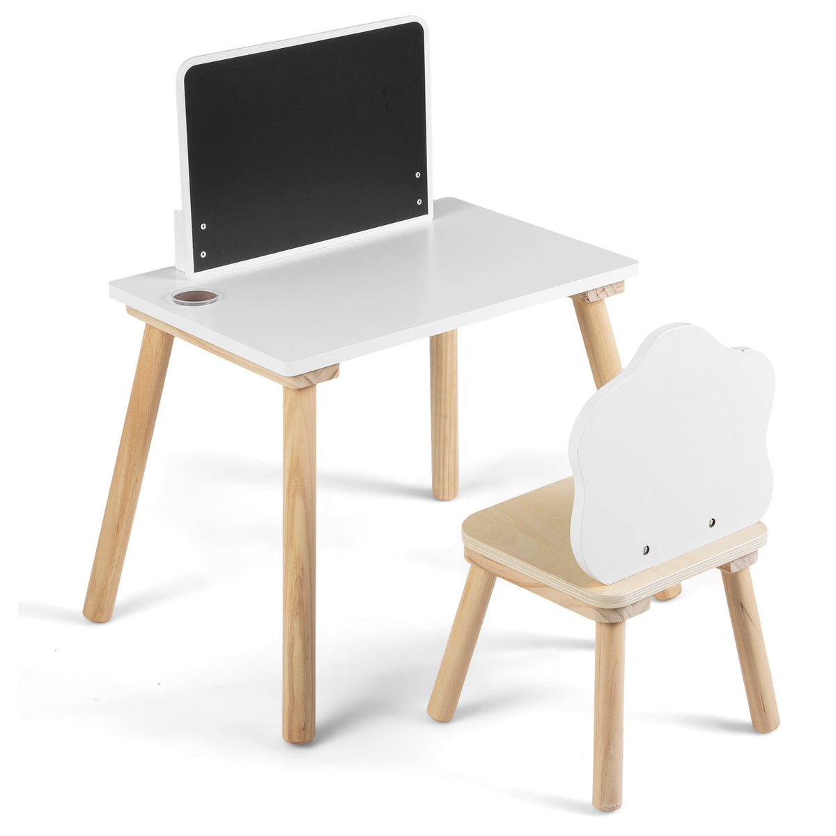 The kids table and chair set shown from the back to display the cloud shaped backrest