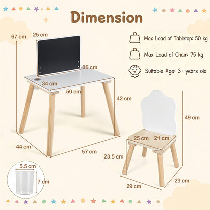 The kids table and chair set with technical lines showing height and width measurements