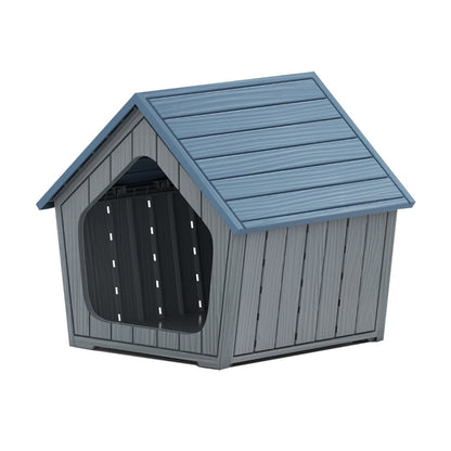 The blue and grey plastic cat house is shown from a side angle