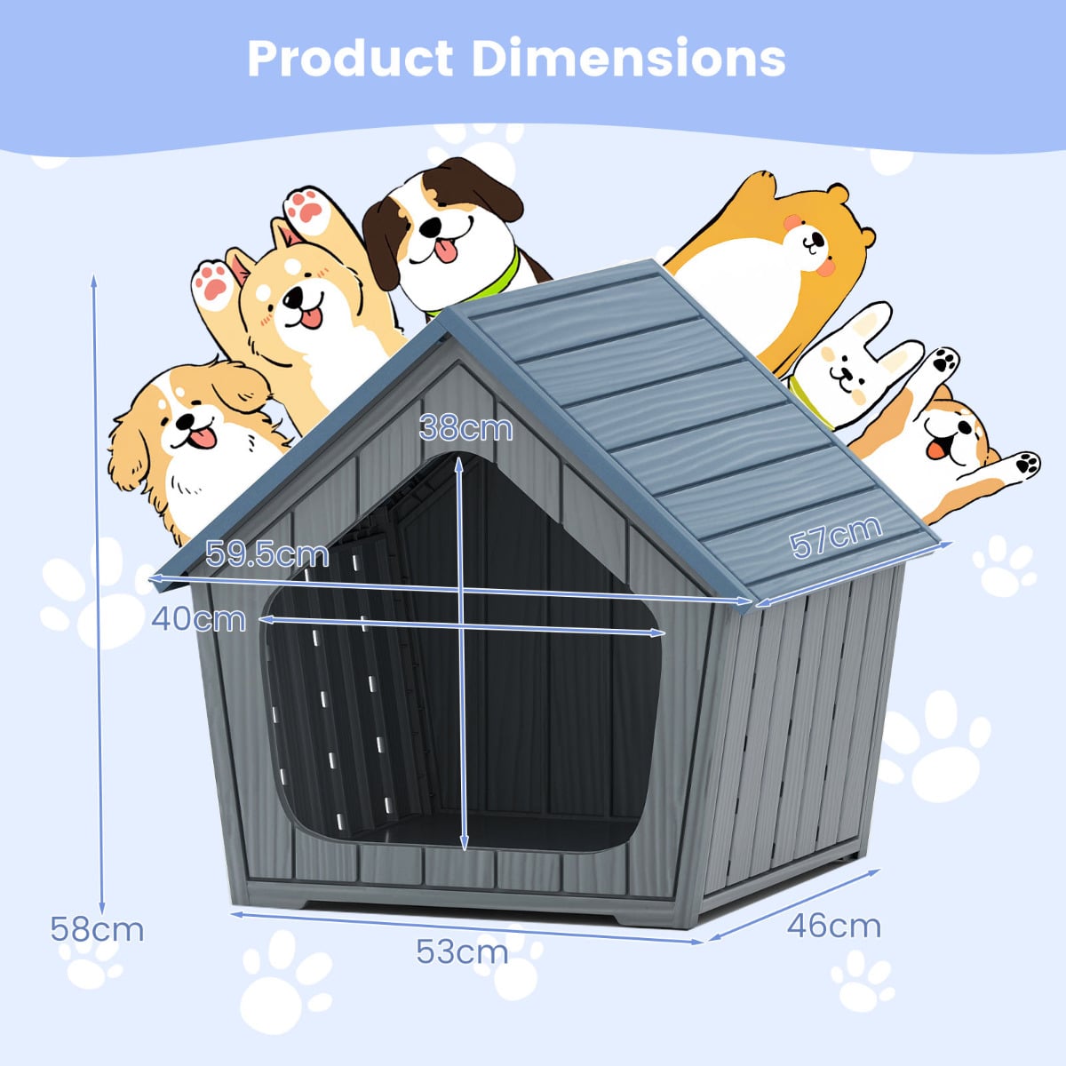 Diagram showing the dimensions of the blue and grey plastic cat house