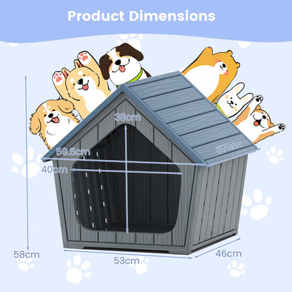 Diagram showing the dimensions of the blue and grey plastic cat house