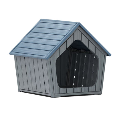 Weatherproof Plastic Cat House with Air Vents in blue and grey, shown from the front