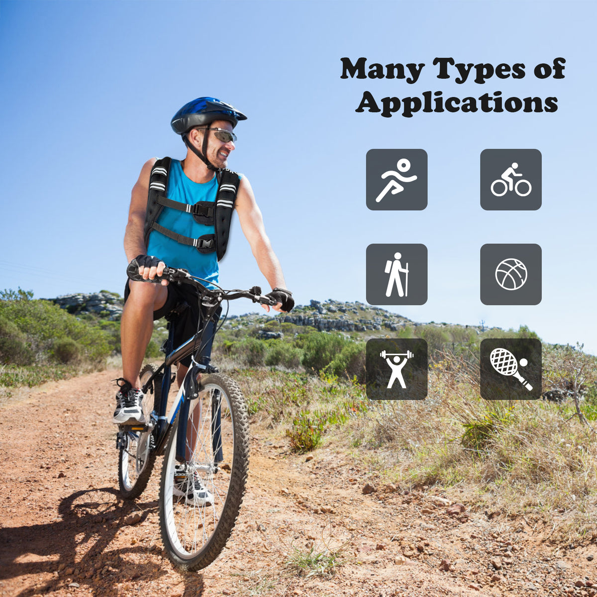 The black fitness vest worn by a cyclist with icons showing various sports