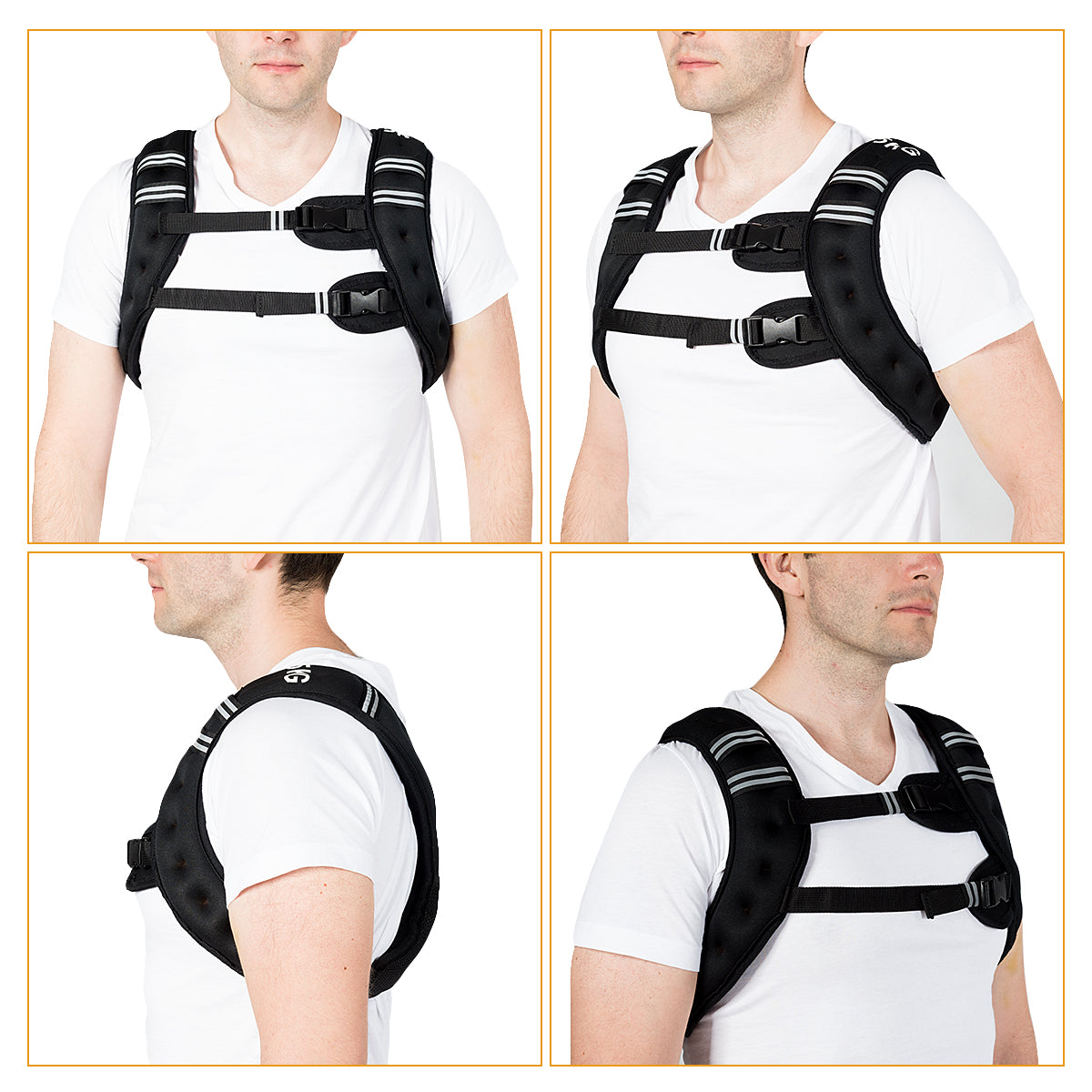 Four panels showing the black fitness vest from different angles on a person