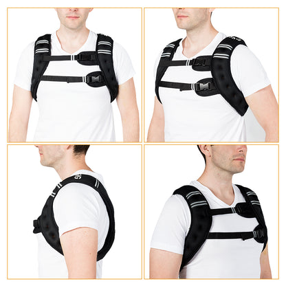 Four panels showing the black fitness vest from different angles on a person