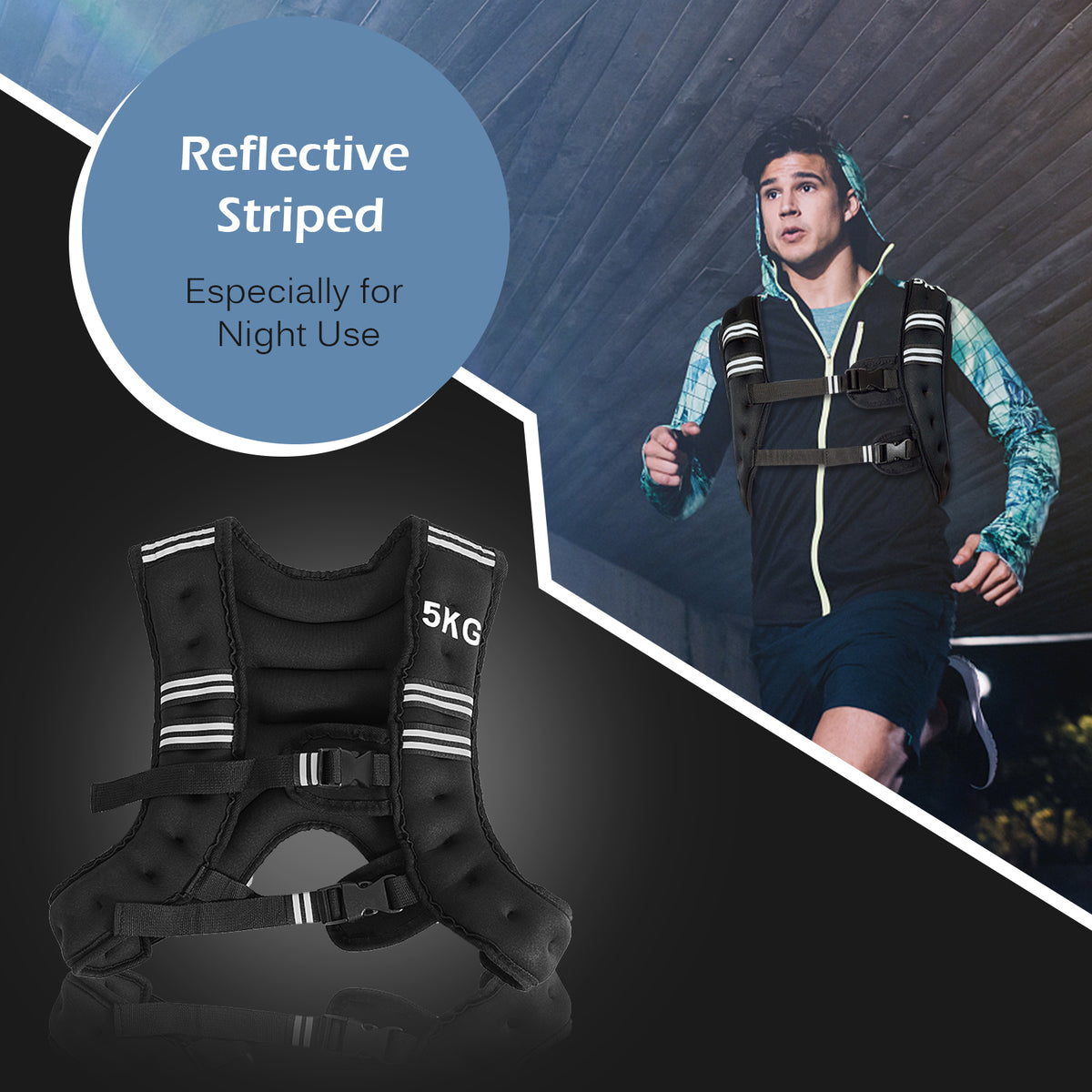 The weights accessory with reflective stripes, highlighted with text about night use