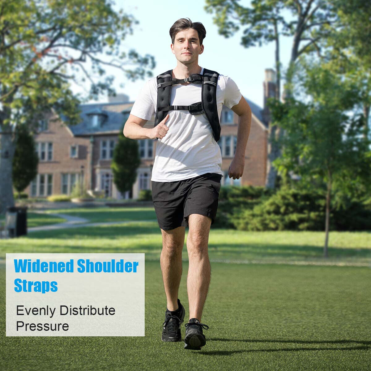 A man runs outdoors wearing the weighted vest