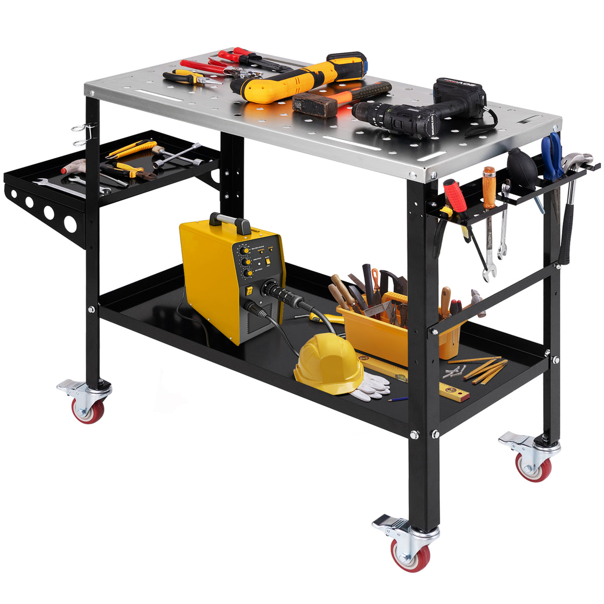 The garage workbench featuring a yellow welding machine and assorted hand tools on the shelves
