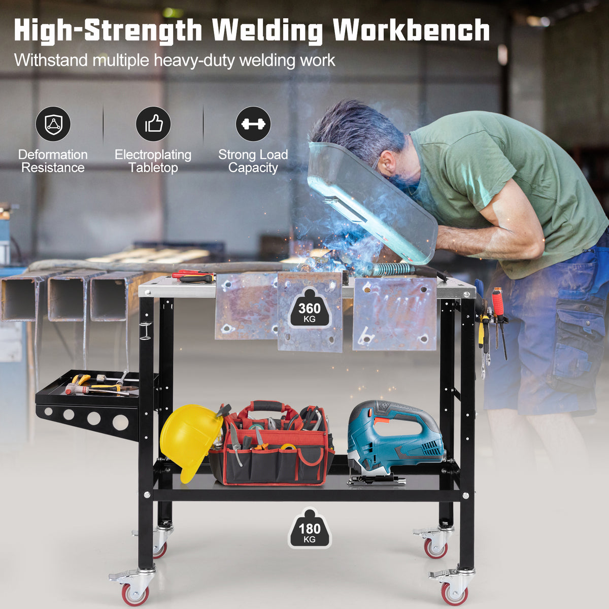 The garage workbench being used by a welder with icons highlighting its heavy duty features