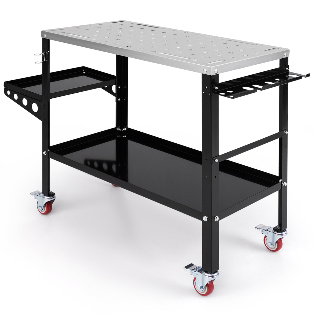 Welding Table Workbench on Wheels with a metal top, side tray, tool rack and red castor wheels