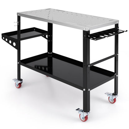 Welding Table Workbench on Wheels with a metal top, side tray, tool rack and red castor wheels