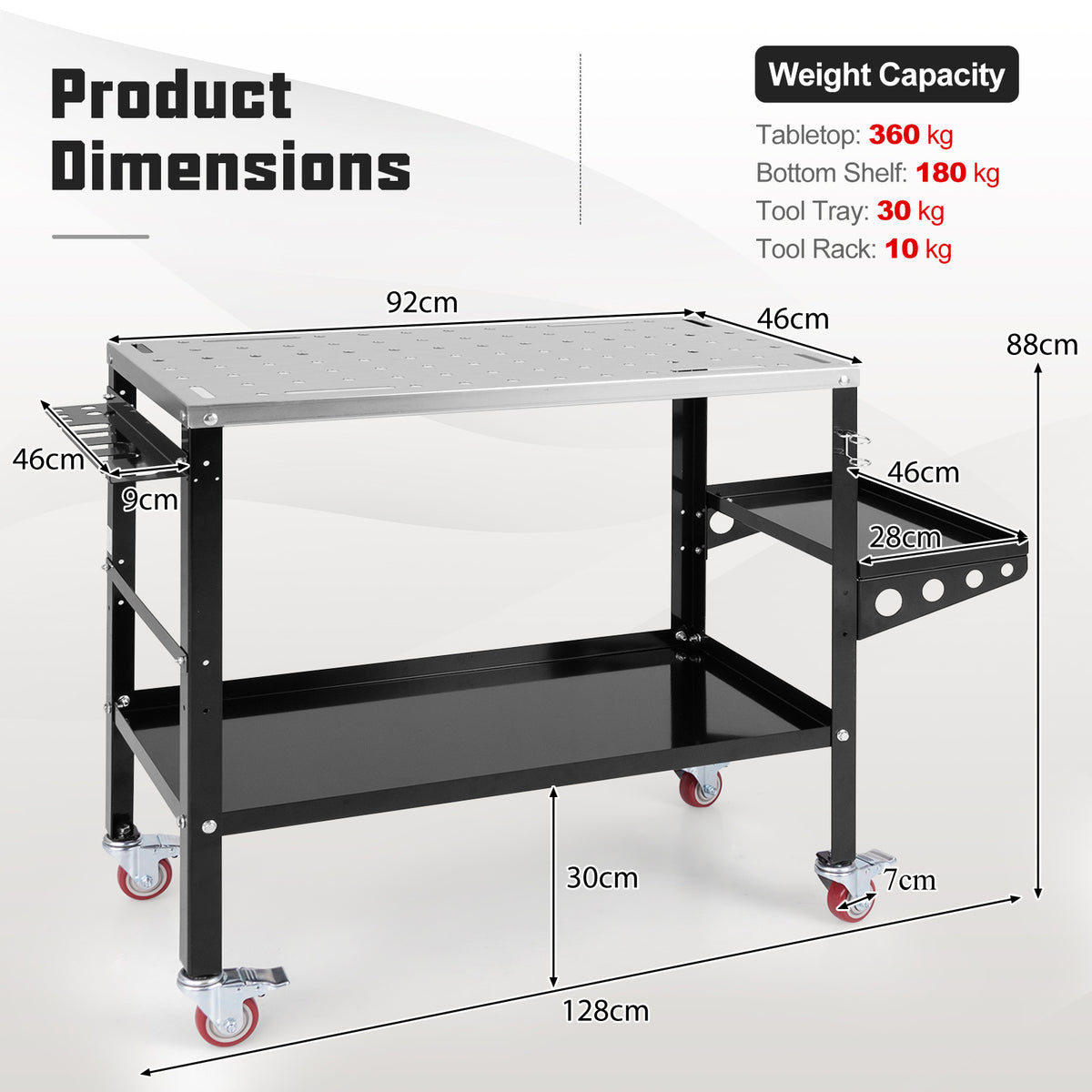 Technical diagram showing the dimensions and weight capacity of the garage workbench