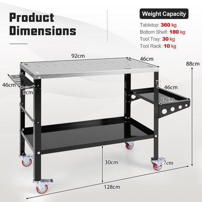 Technical diagram showing the dimensions and weight capacity of the garage workbench