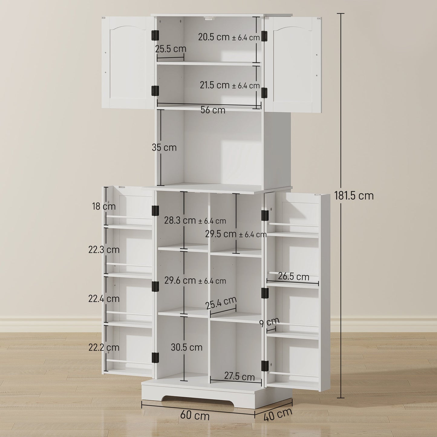 HOMCOM 181.5 cm Freestanding Storage Cabinet, Tall Kitchen Cupboard with Adjustable Shelves, 8 Door Spice Racks, White