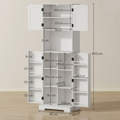 HOMCOM 181.5 cm Freestanding Storage Cabinet, Tall Kitchen Cupboard with Adjustable Shelves, 8 Door Spice Racks, White