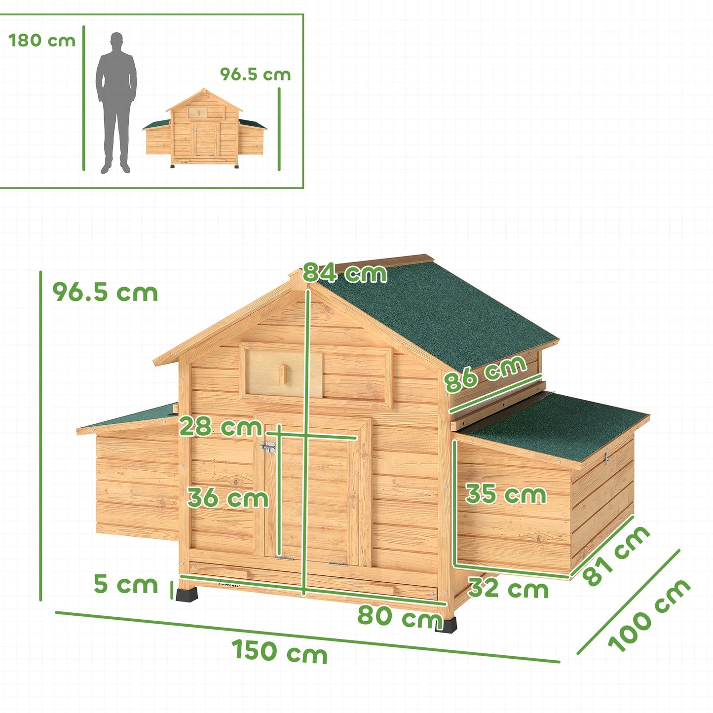 PawHut Chicken Coop, Wooden Outdoor Hen House with Nesting Box, Openable Waterproof Top, Pull-Out Tray, 150 x 100 x 97cm