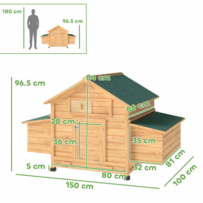 PawHut Chicken Coop, Wooden Outdoor Hen House with Nesting Box, Openable Waterproof Top, Pull-Out Tray, 150 x 100 x 97cm