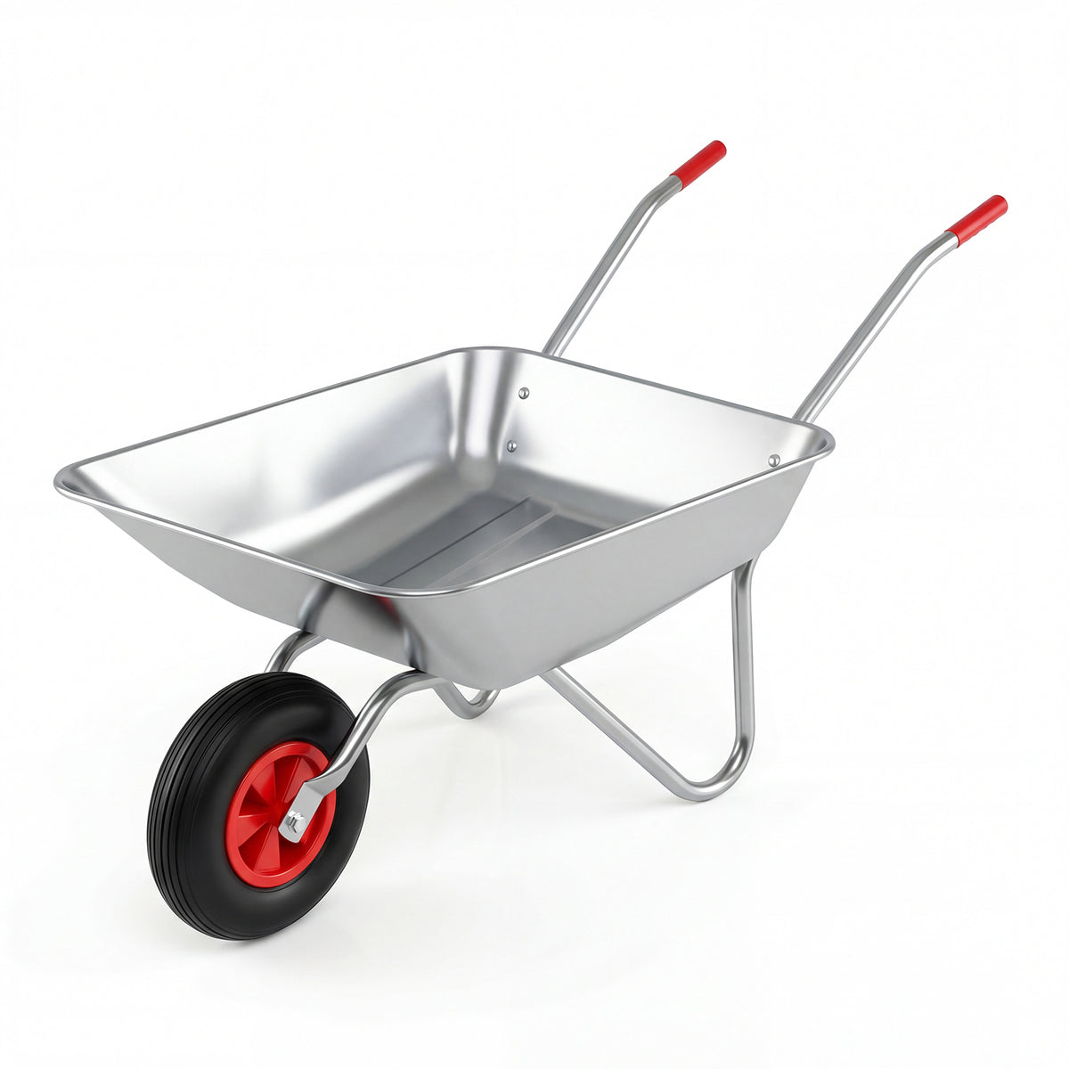Silver wheelbarrow cart with a single large rubber tyre and red handled grips