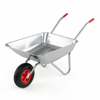 Silver wheelbarrow cart with a single large rubber tyre and red handled grips