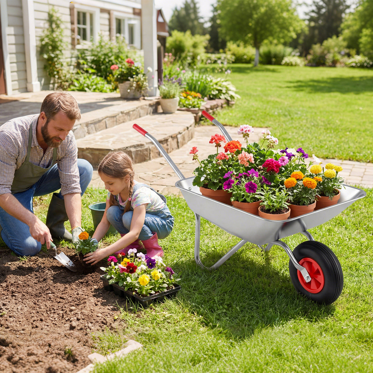 A man and a girl planting flowers in a garden with the wheelbarrow cart nearby