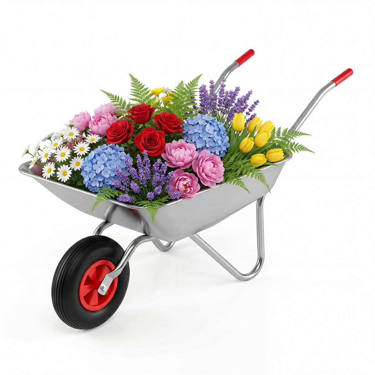 Wheelbarrow Cart with a large load of colourful flowers and foliage