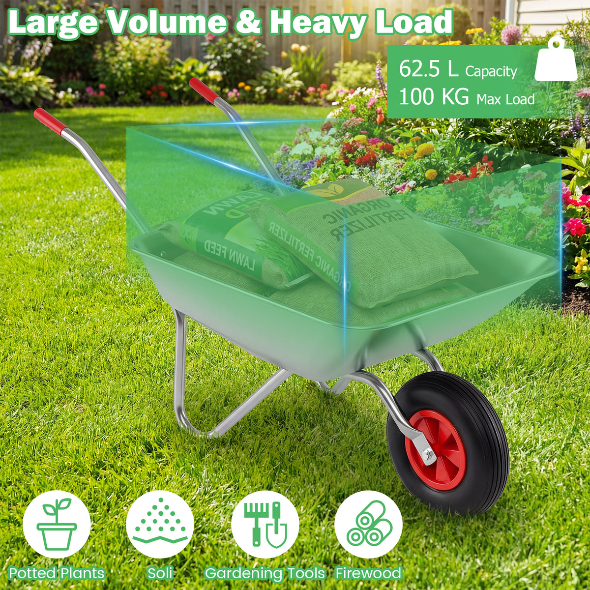 The garden cart is shown with a large load of soil and gardening tools inside