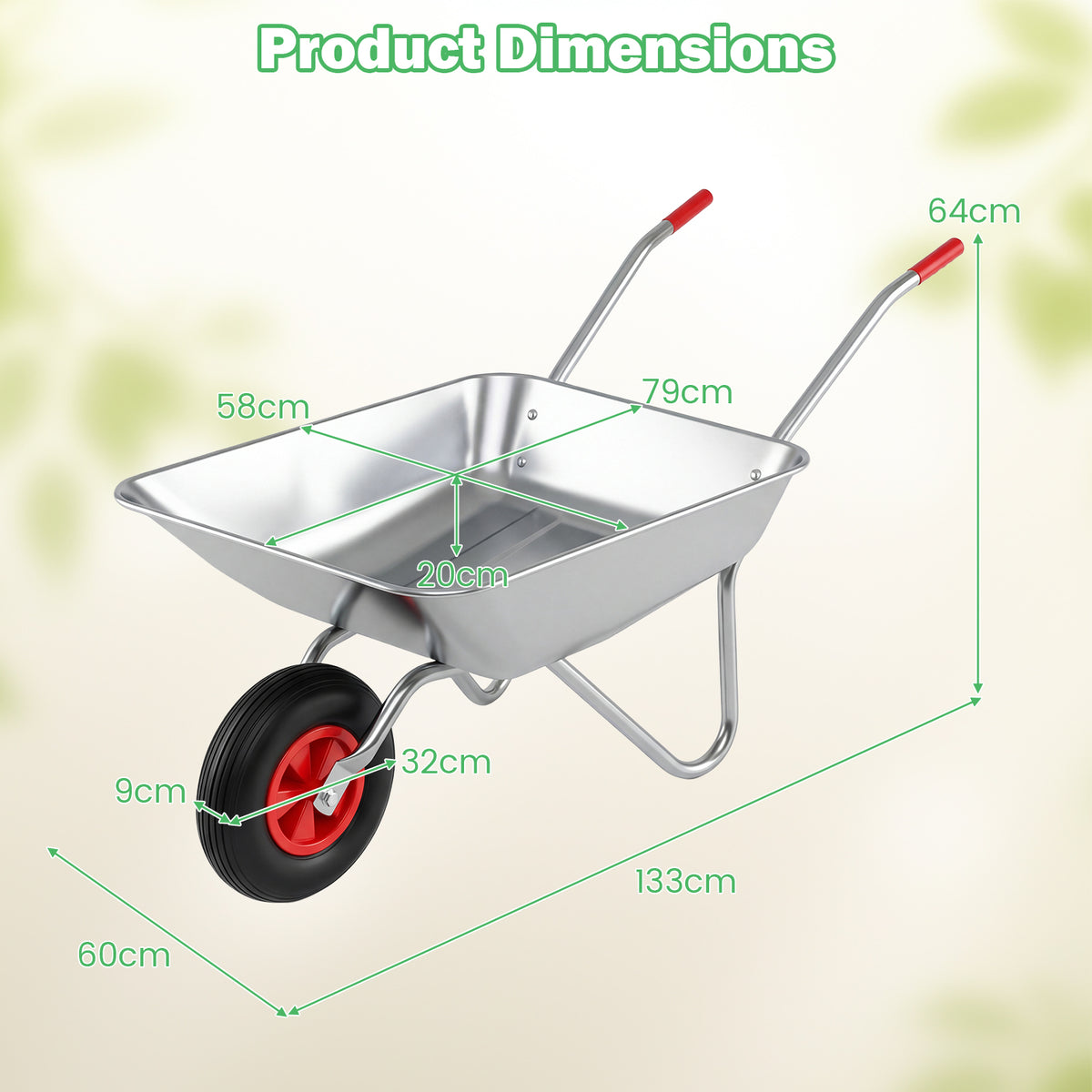 Diagram showing the dimensions of the silver wheelbarrow cart