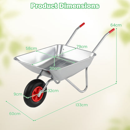 Diagram showing the dimensions of the silver wheelbarrow cart