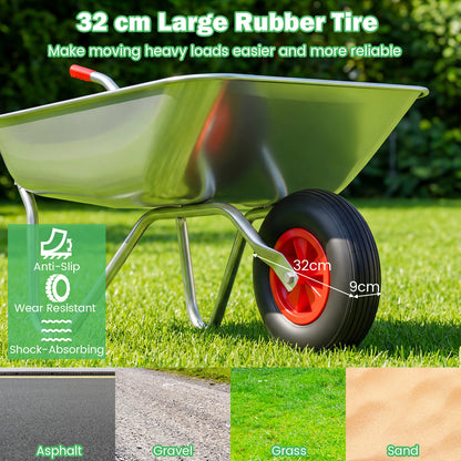 Close up of the large rubber tyre on the wheelbarrow cart