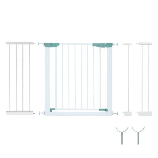 Wide Baby Safety Gate Fits 80-123 CM Openings, white metal construction with teal accents