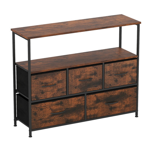 Wide Chest of Drawers with rustic brown finish and black metal frame