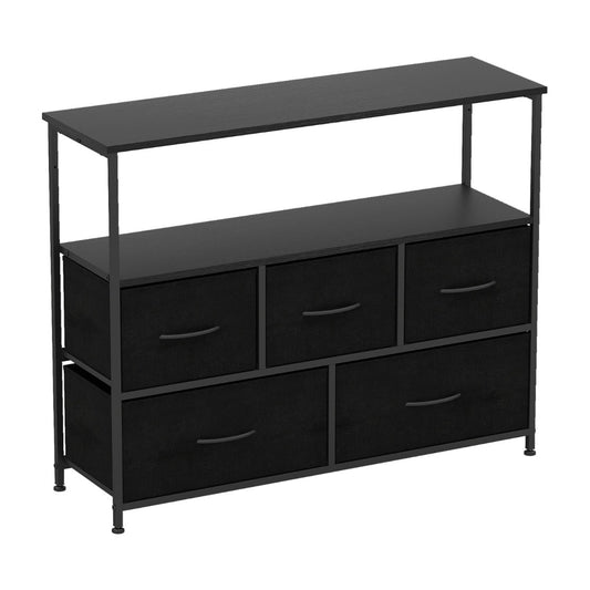 Wide Chest of Drawers with a black metal frame and five fabric storage compartments