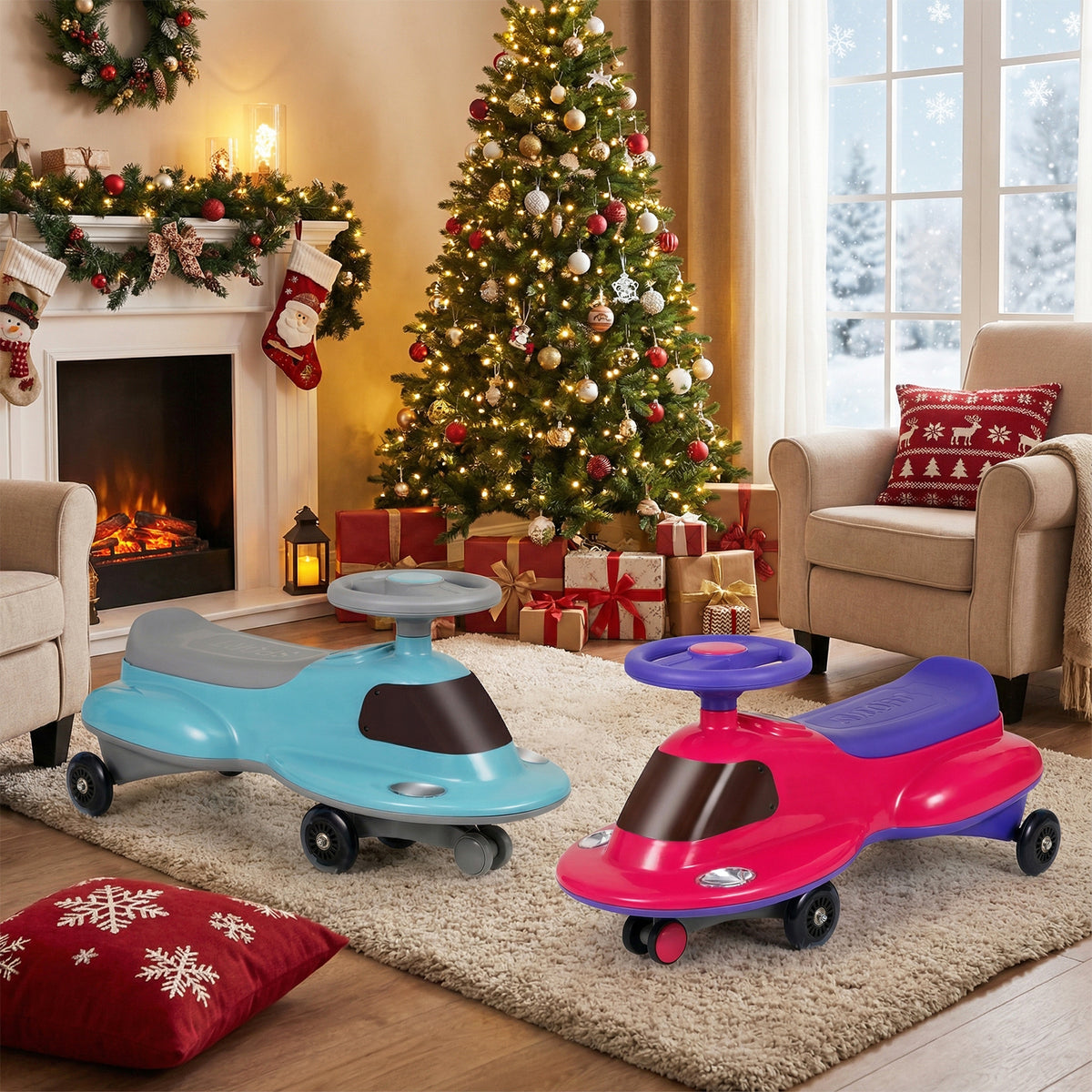 The blue and pink wiggle cars positioned on a rug in front of a decorated Christmas tree