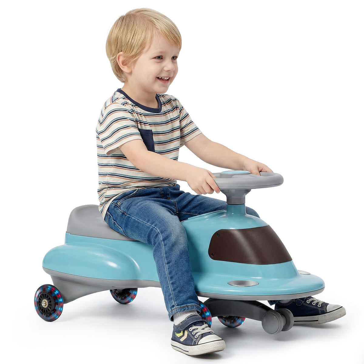 Wiggle Car with Under-seat Storage and LED Flashing Wheels shown with a young boy sitting on it
