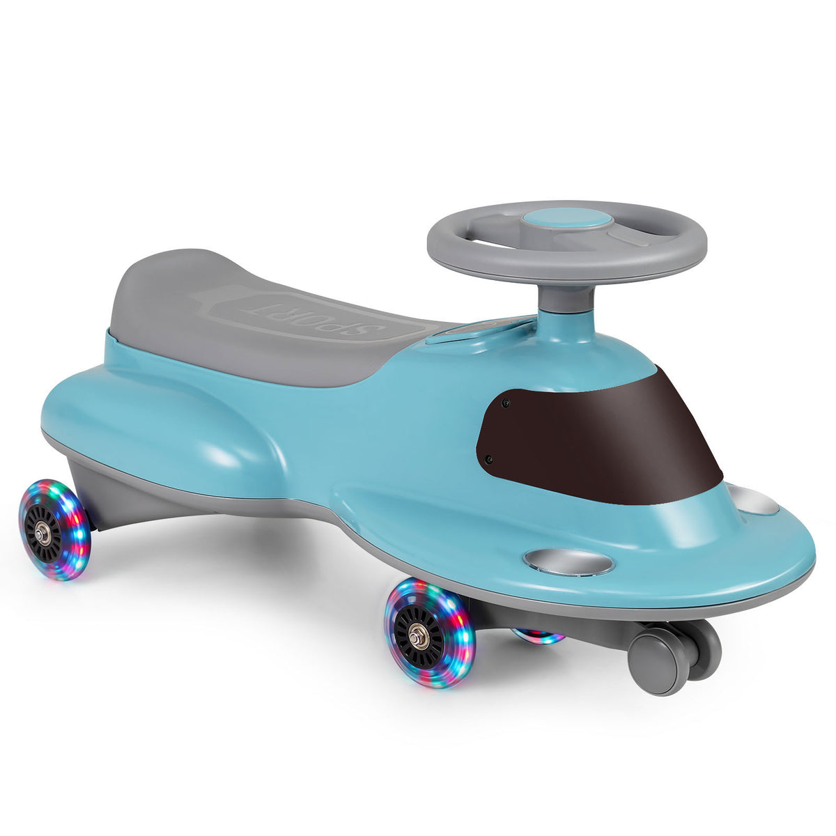 The blue ride on toy with a grey seat and steering wheel isolated on a white background