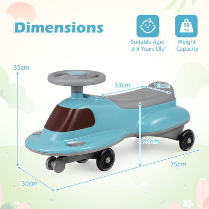 The blue wiggle car shown with arrows indicating its height and length on a light background