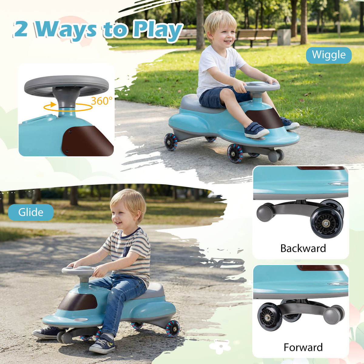 The ride on toy demonstrating different movement methods and wheel directions for play