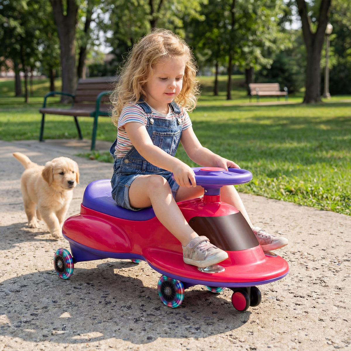 The pink ride on toy with glowing wheels on a paved path in a park