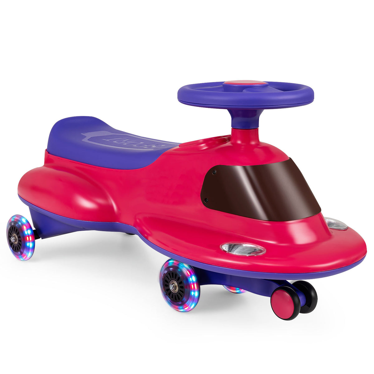 The pink ride on toy with a purple seat and steering wheel shown against a white background
