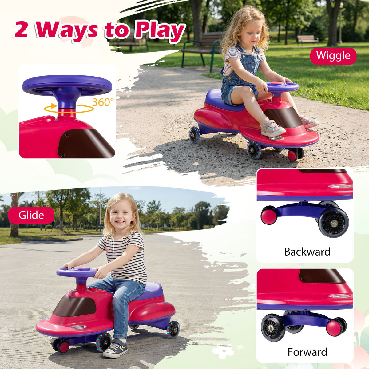 The ride on toy showing steering and wheel movement for different play