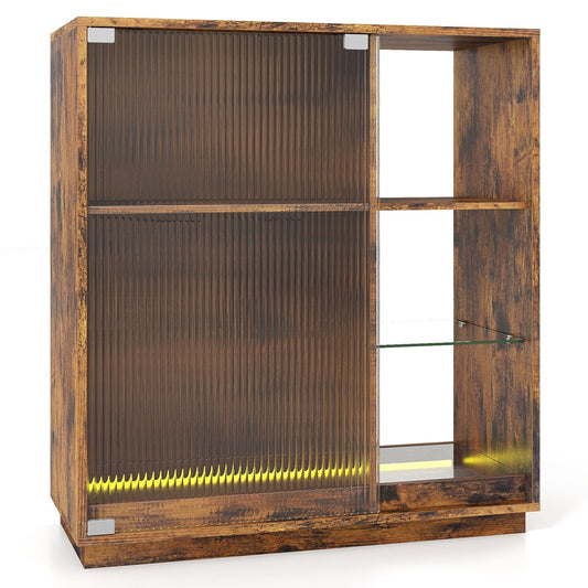 Wine Bar Cabinet with LED lights and glass racks in a rustic brown finish