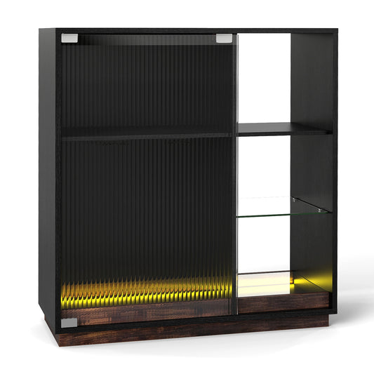 Wine Bar Cabinet with LED lights and glass racks, a black cabinet with ribbed glass doors and a wooden base
