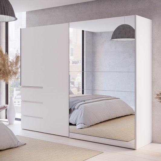 Winn II Sliding Mirrored Door Wardrobe with Drawers 250cm in White