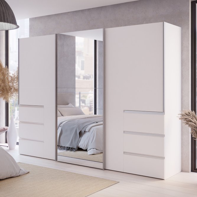 Winn II Sliding Mirrored Door Wardrobe with Drawers 270cm in White
