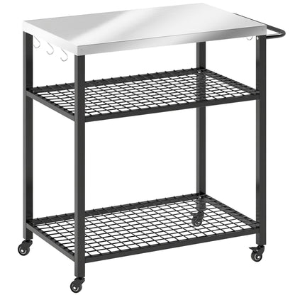 Outsunny Outdoor Grill Cart with Stainless Steel Tabletop, 3-Tier Pizza Oven Stand with 2 Shelves, 6 Hooks, Wheels, Black