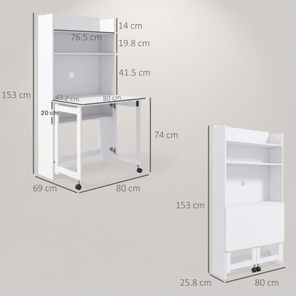 HOMCOM Foldable Desktop, Computer Desk with Storage Shelves, 80 x 69 x 155 cm, White