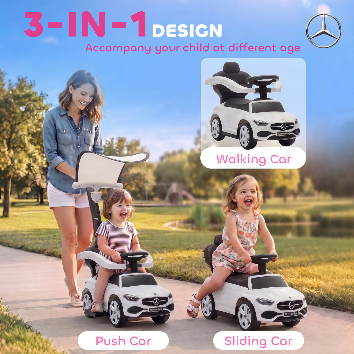 AIYAPLAY 4 in 1 Licensed Benz Ride on Push Car in White